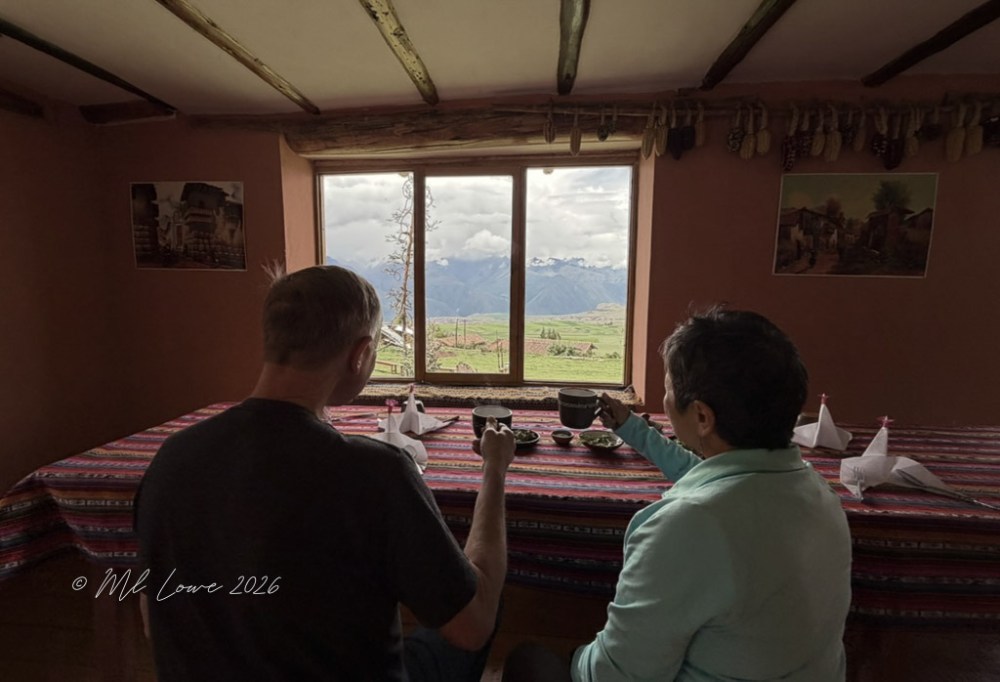Two people sitting at a table in a cozy room, holding cups while overlooking a scenic landscape through a window.