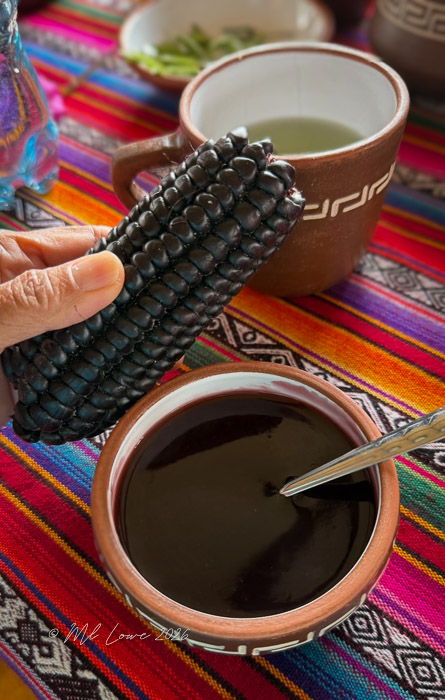 A hand holding an ear of black corn over a bowl of dark liquid, with a colorful woven textile in the background.
