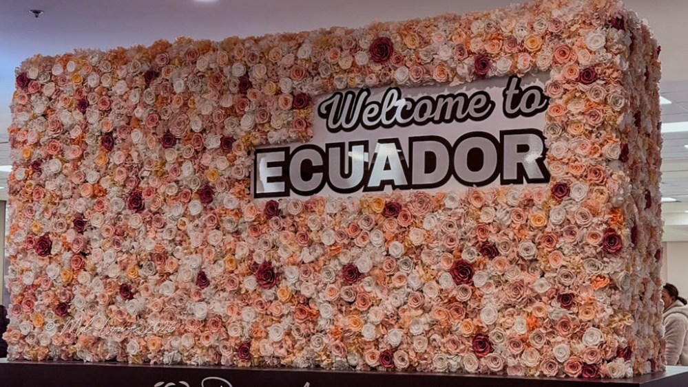 A decorative flower wall featuring a variety of roses in soft colors with the text 'Welcome to ECUADOR' prominently displayed in bold letters.