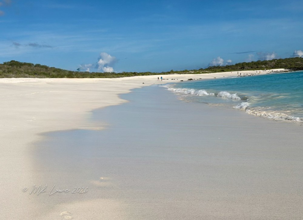 A tranquil beach scene with soft, white sand and gentle waves lapping at the shore under a clear blue sky.