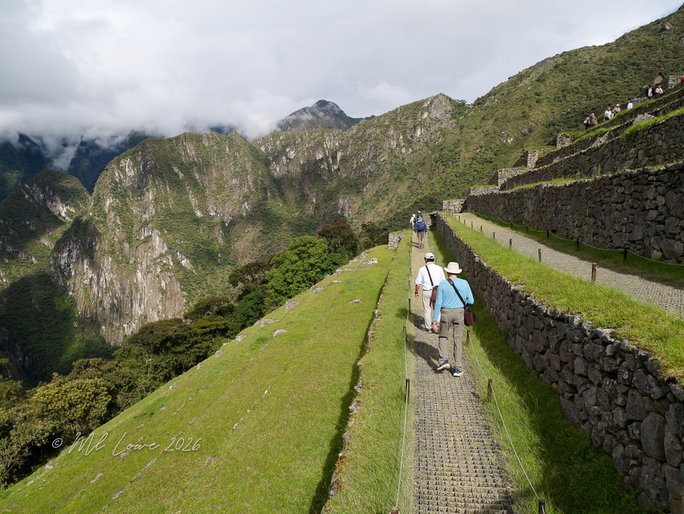 Visitors walking along a pathway in Machu Picchu, surrounded by lush green mountains and ruins.