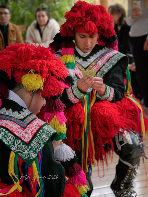 Two performers wearing vibrant traditional costumes with red and colorful tassels, engaged in a cultural dance or ritual, while an audience observes in the background.