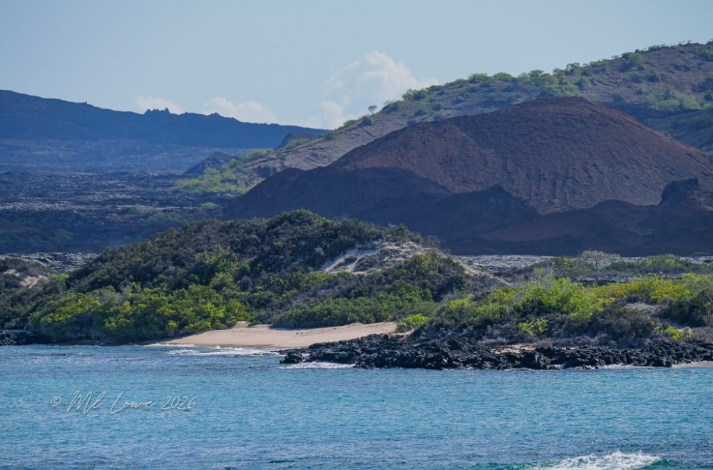 Scenic view of a coastline featuring sandy beaches, lush greenery, and volcanic hills in the background under a clear blue sky.