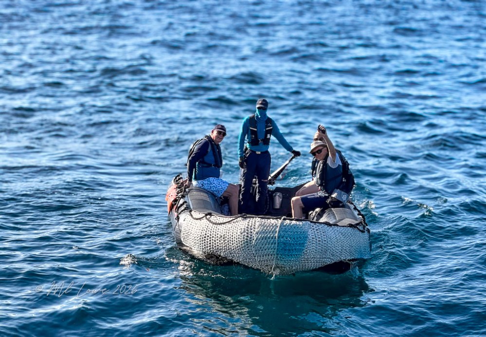 Three people in a small boat on water, with one person raising a hand in a wave. The boat is made of woven material and the ocean reflects sunlight.