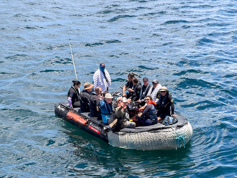 A group of people wearing life jackets aboard a small inflatable boat in the ocean, surrounded by water.