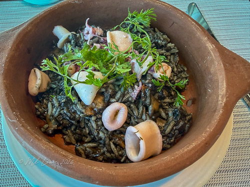 A clay dish filled with dark rice, topped with squid rings, pieces of octopus, and fresh green herbs.