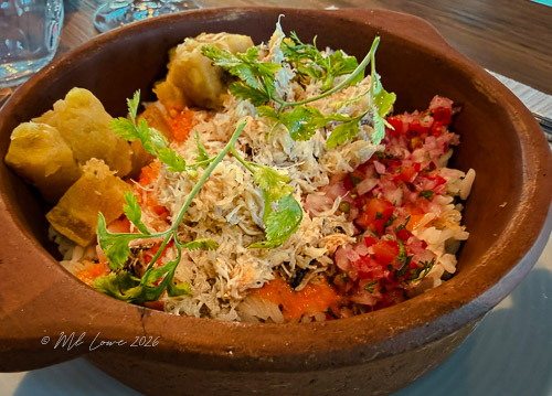 A clay bowl filled with rice, shredded chicken, diced tomatoes, and herbs, accompanied by pieces of fried plantain.