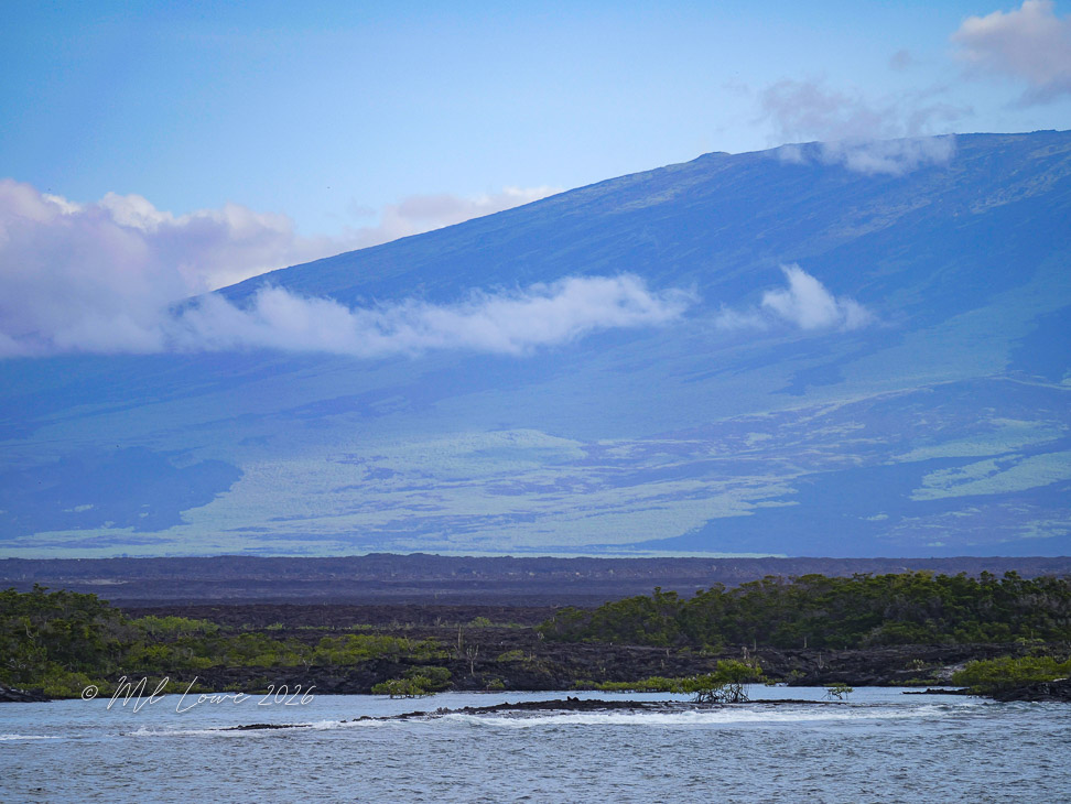 Scenic view of a mountain with a blue sky and clouds above, overlooking a coastal area with greenery and volcanic rock formations.