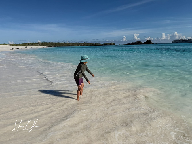 A person wading in shallow water at a beach, wearing a sun hat and swimwear, with a clear blue sky and water in the background.